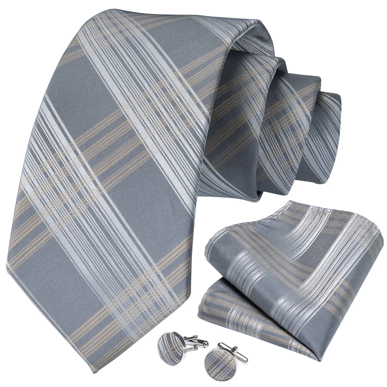 Tender Style Grey Plaid Men's Necktie Pocket Square Cufflinks Set sold by Ties2You product image thumbnail 2