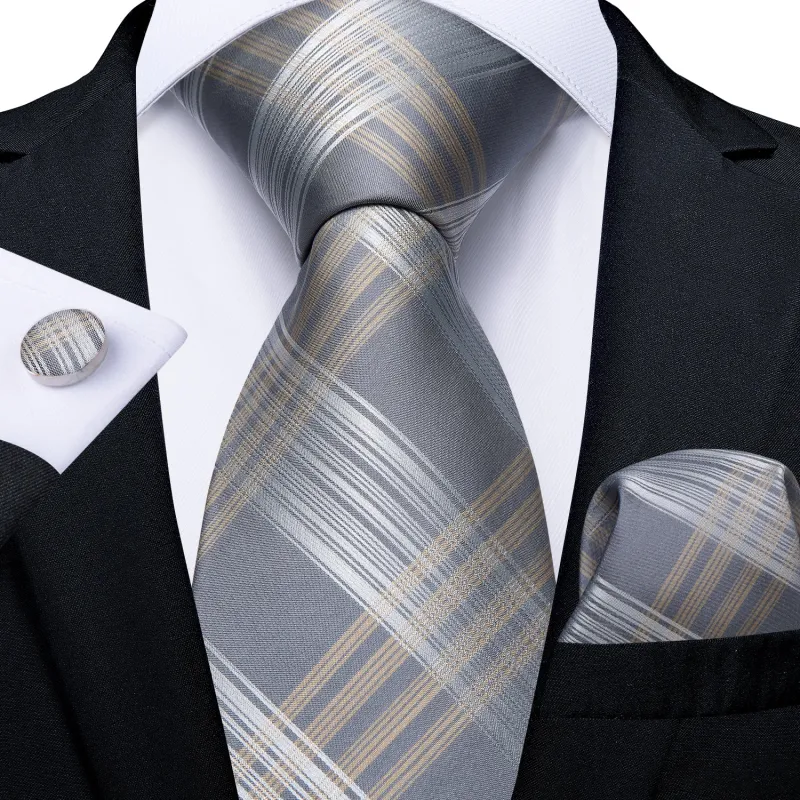 Tender Style Grey Plaid Men's Necktie Pocket Square Cufflinks Set sold by Ties2You