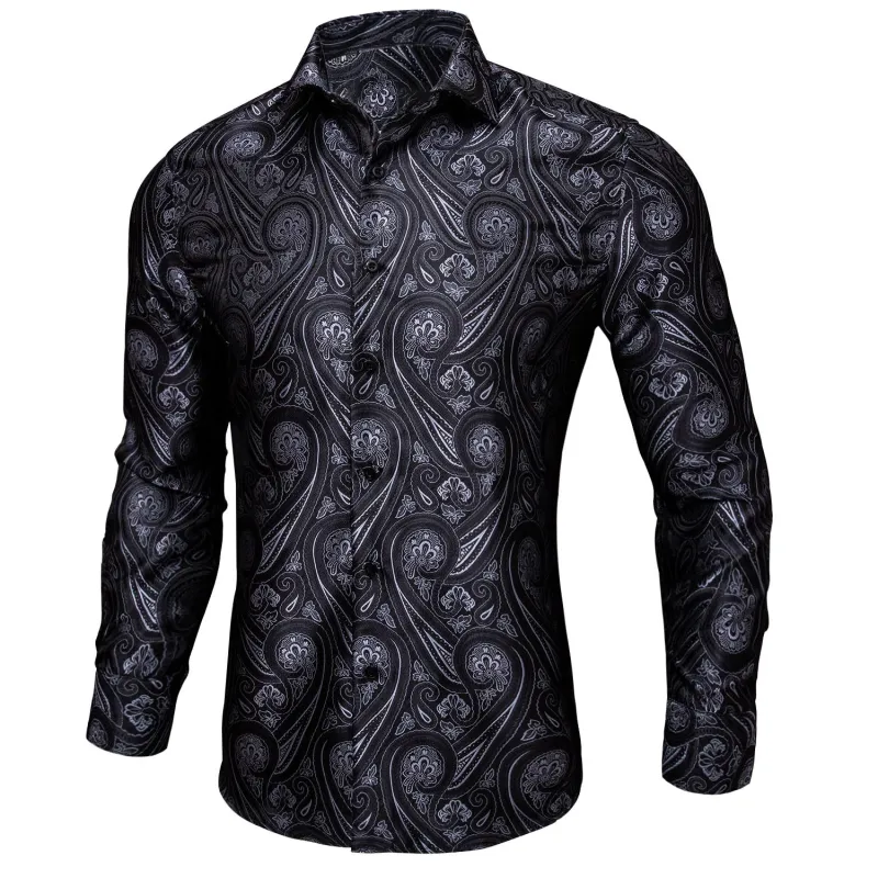 Ties2you Mens Black Western Shirt Silk Grey Paisley Long Sleeve Button Down Dress Shirt sold by Ties2You