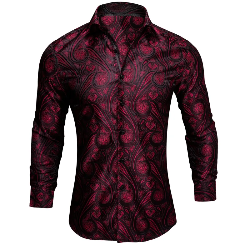 Ties2you Mens Silk Red Dress Shirt Paisley Jacquard Long Sleeve Button Down Shirt sold by Ties2You