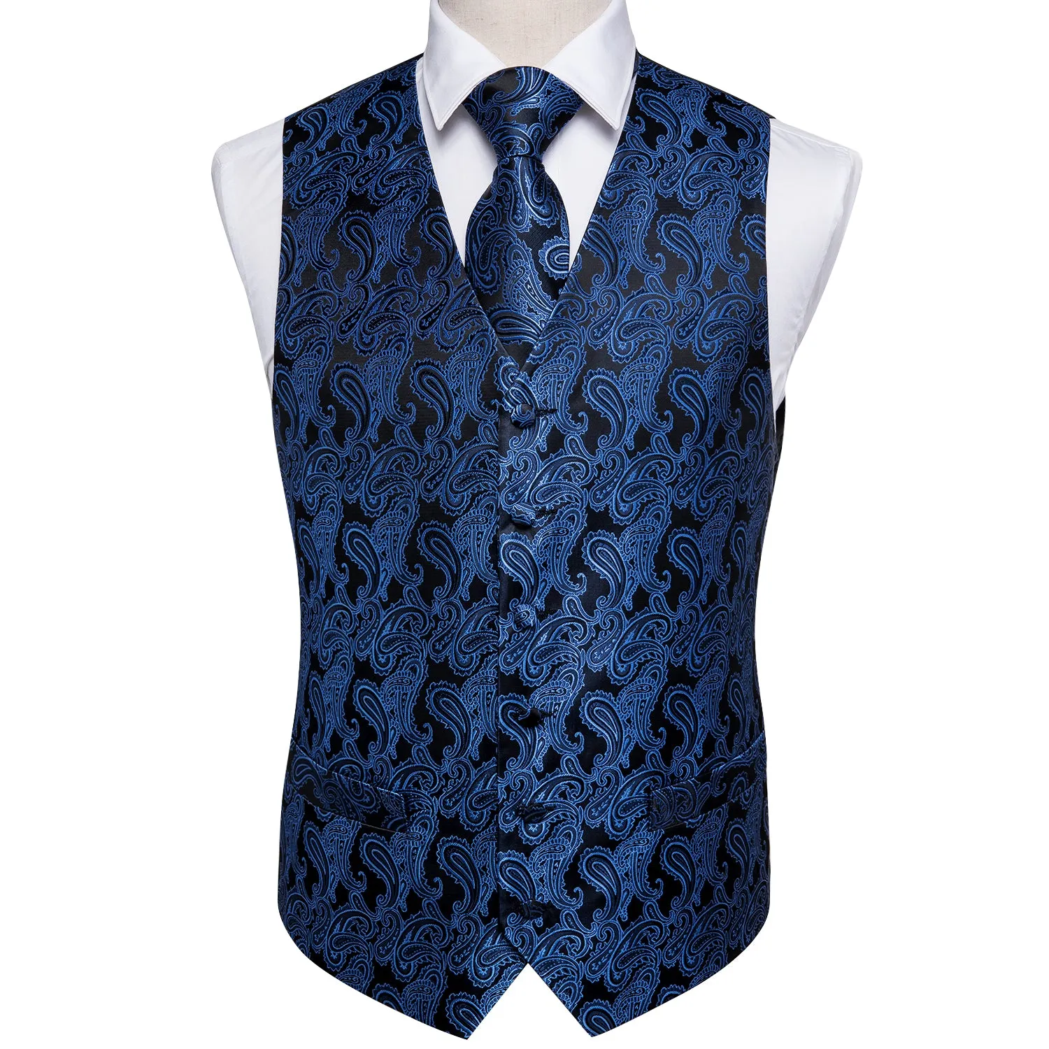 Luxury Black Blue Paisley Jacquard Silk Men's Vest Hanky Cufflinks Tie Set Waistcoat Suit Set sold by Ties2You product image thumbnail 2