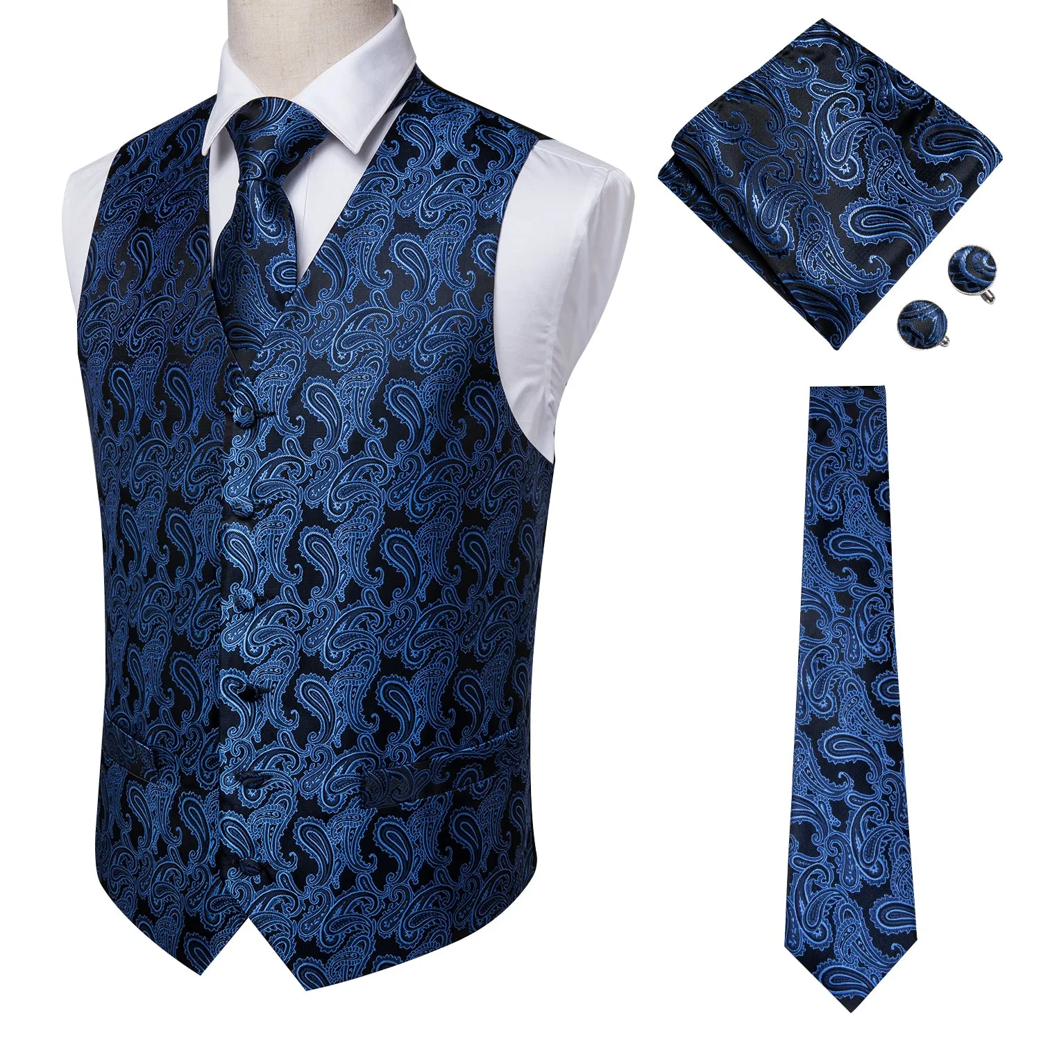 Luxury Black Blue Paisley Jacquard Silk Men's Vest Hanky Cufflinks Tie Set Waistcoat Suit Set sold by Ties2You product image thumbnail 3