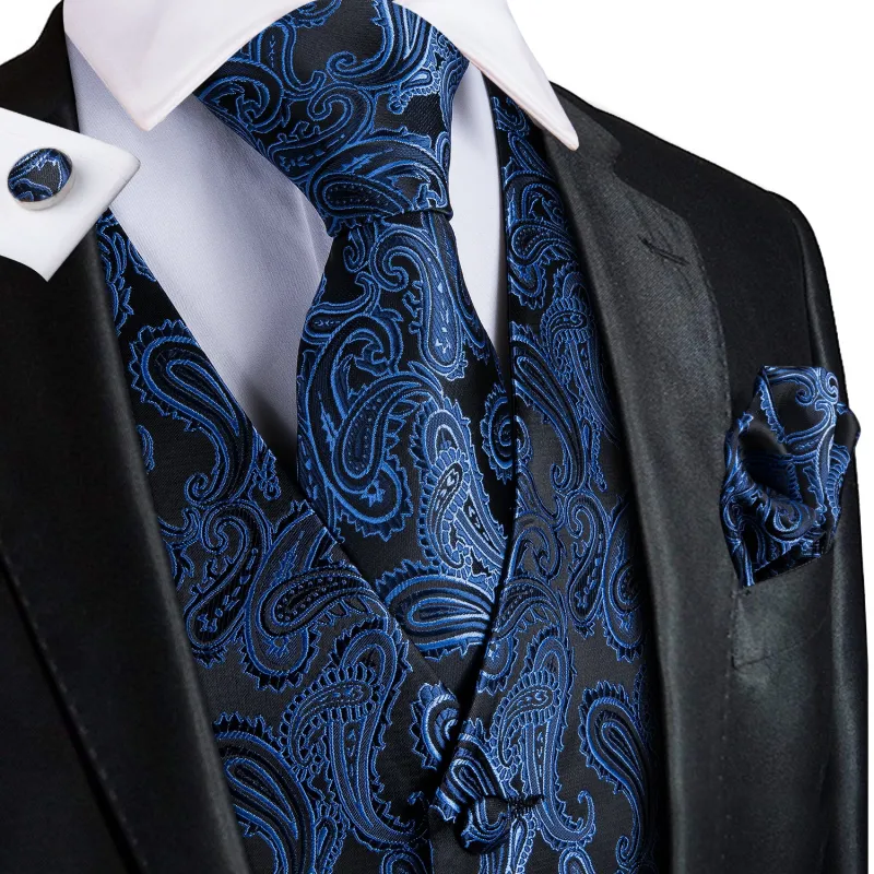 Luxury Black Blue Paisley Jacquard Silk Men's Vest Hanky Cufflinks Tie Set Waistcoat Suit Set sold by Ties2You