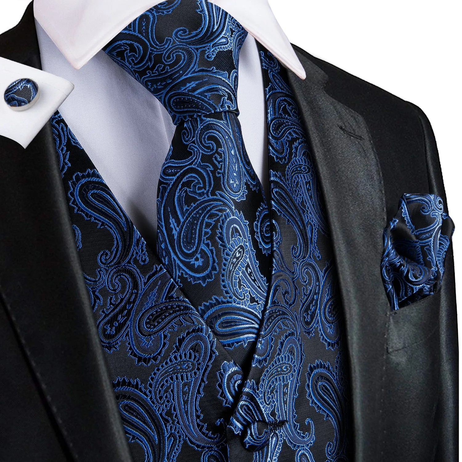 Luxury Black Blue Paisley Jacquard Silk Men's Vest Hanky Cufflinks Tie Set Waistcoat Suit Set sold by Ties2You