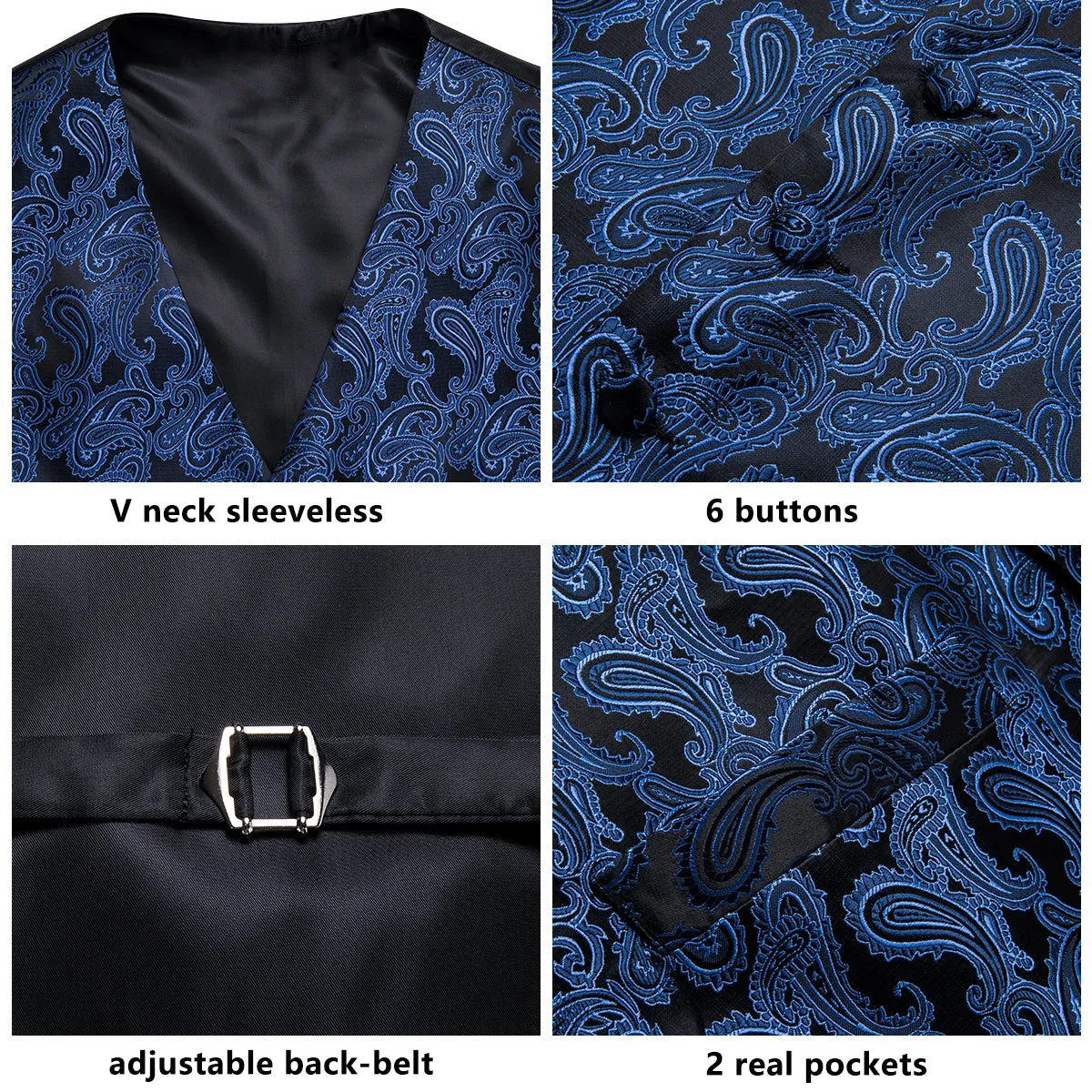 Luxury Black Blue Paisley Jacquard Silk Men's Vest Hanky Cufflinks Tie Set Waistcoat Suit Set sold by Ties2You product image thumbnail 4