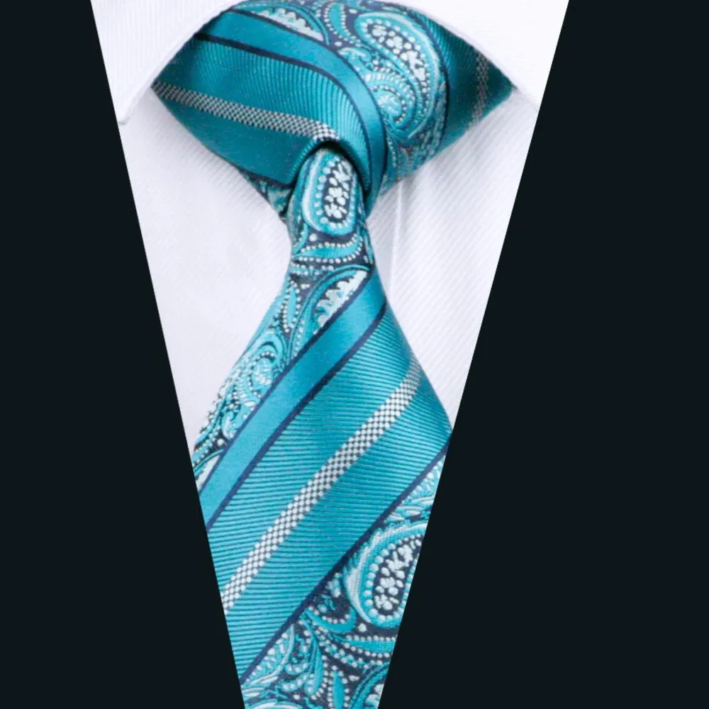 Cyan Paisley Silk 63 Inches Extra Long Men's Tie Pocket Square Cufflinks Set sold by Ties2You product image thumbnail 2
