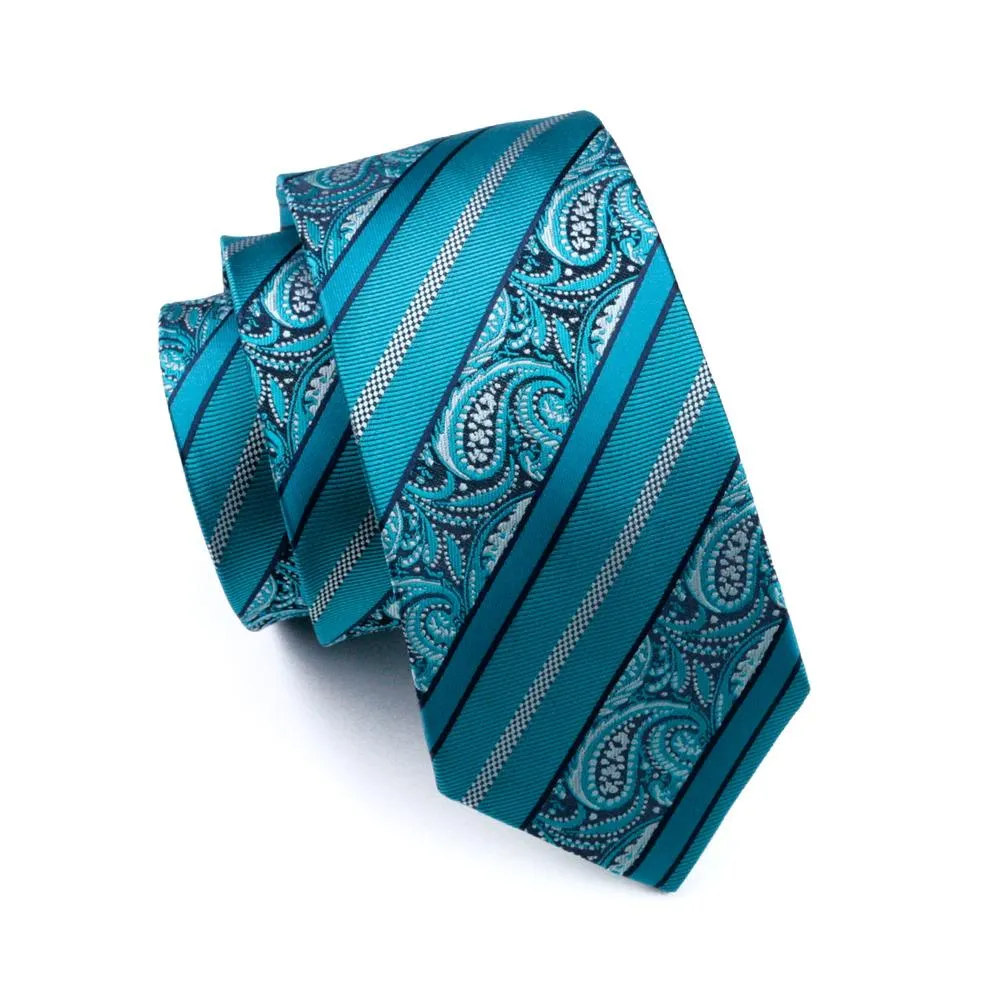 Cyan Paisley Silk 63 Inches Extra Long Men's Tie Pocket Square Cufflinks Set sold by Ties2You product image thumbnail 5