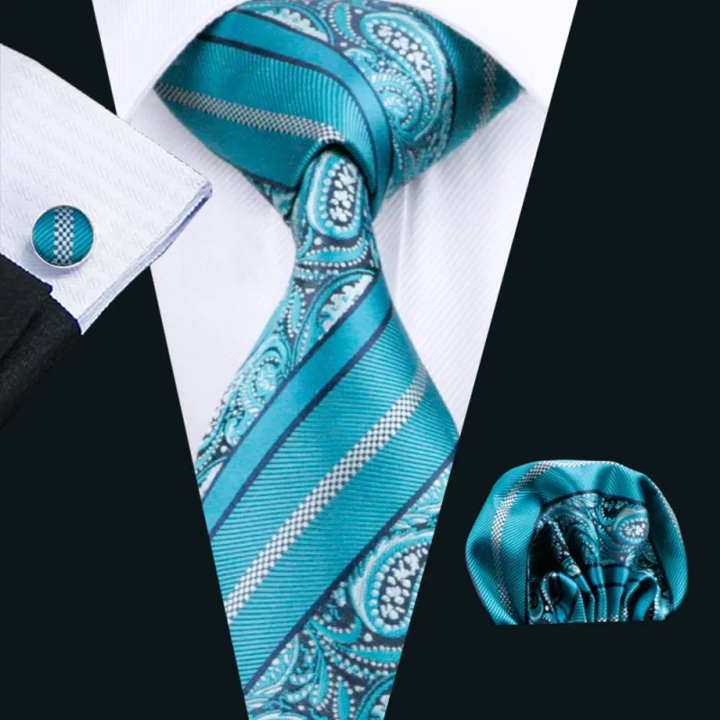 Cyan Paisley Silk 63 Inches Extra Long Men's Tie Pocket Square Cufflinks Set made by Ties2You