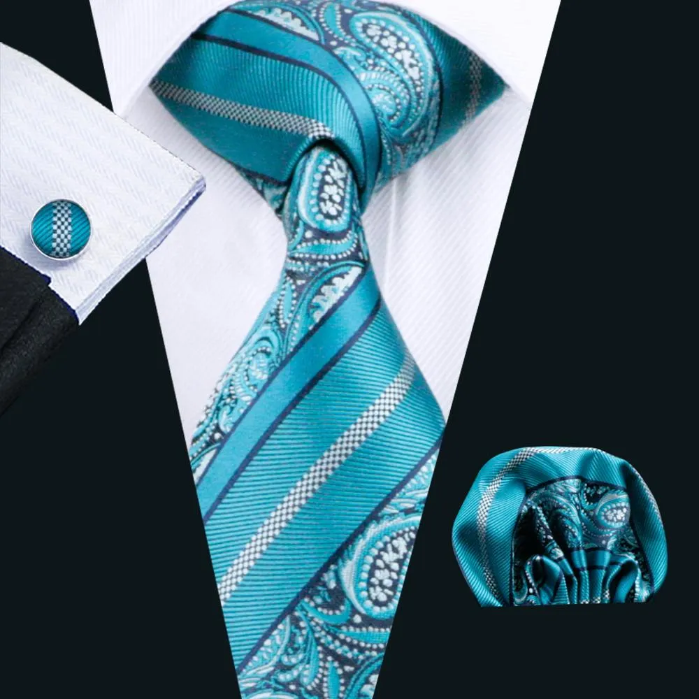 Cyan Paisley Silk 63 Inches Extra Long Men's Tie Pocket Square Cufflinks Set sold by Ties2You