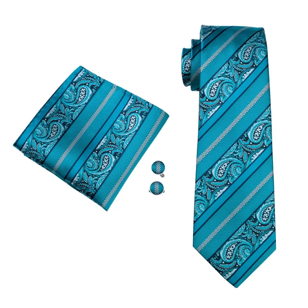 Cyan Paisley Silk 63 Inches Extra Long Men's Tie Pocket Square Cufflinks Set sold by Ties2You product image thumbnail 3