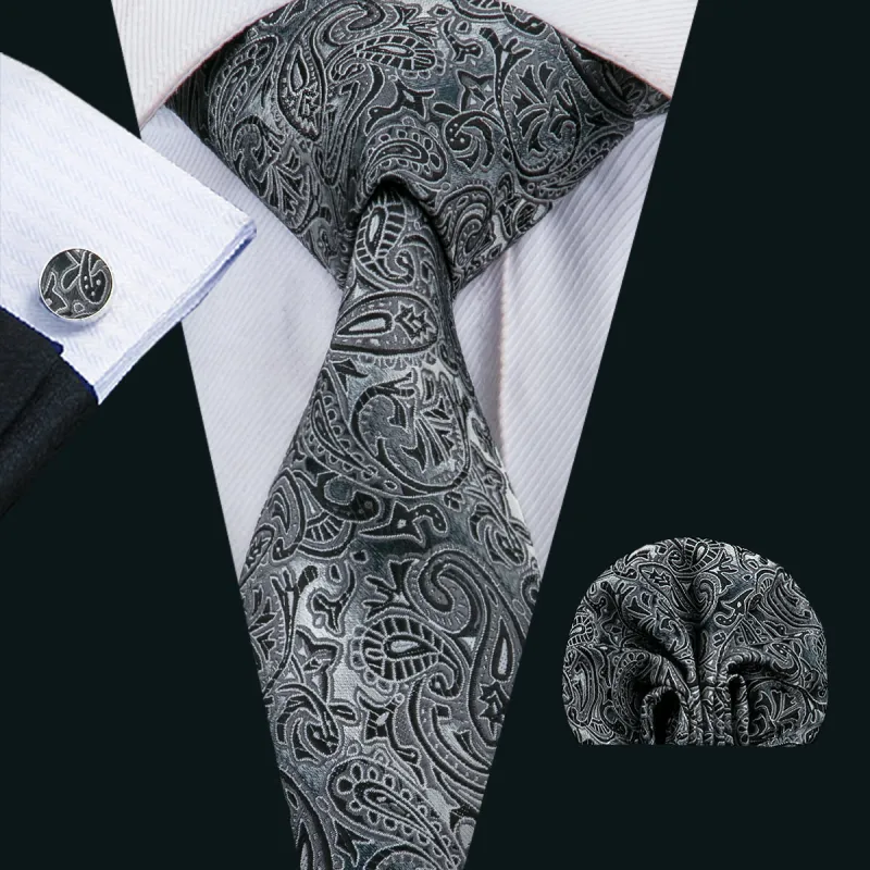 Grey Black Paisley Silk 63 Inches Extra Long Men's Tie Pocket Square Cufflinks Set sold by Ties2You