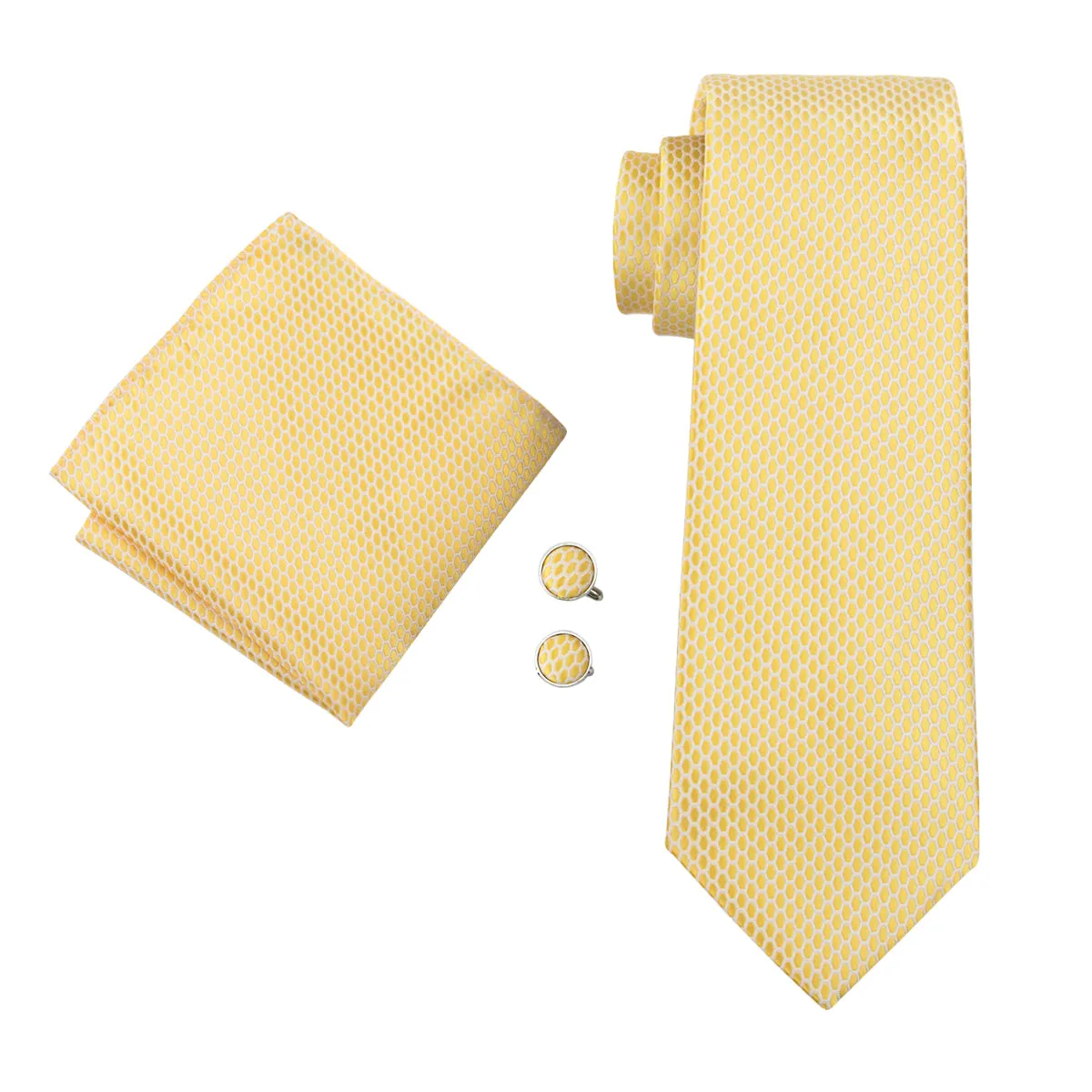 Yellow-White Plaid Silk Fabric 63 Inches Extra Long Men't Tie Hanky Cufflinks Set sold by Ties2You product image thumbnail 3