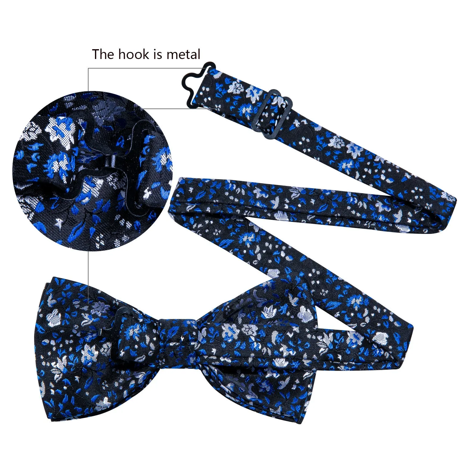 Black Blue Floral Pre-tied Bow Tie Hanky Cufflinks Set sold by Ties2You product image thumbnail 5