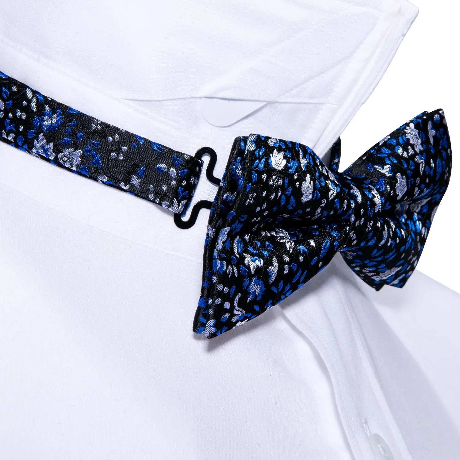 Black Blue Floral Pre-tied Bow Tie Hanky Cufflinks Set sold by Ties2You product image thumbnail 3