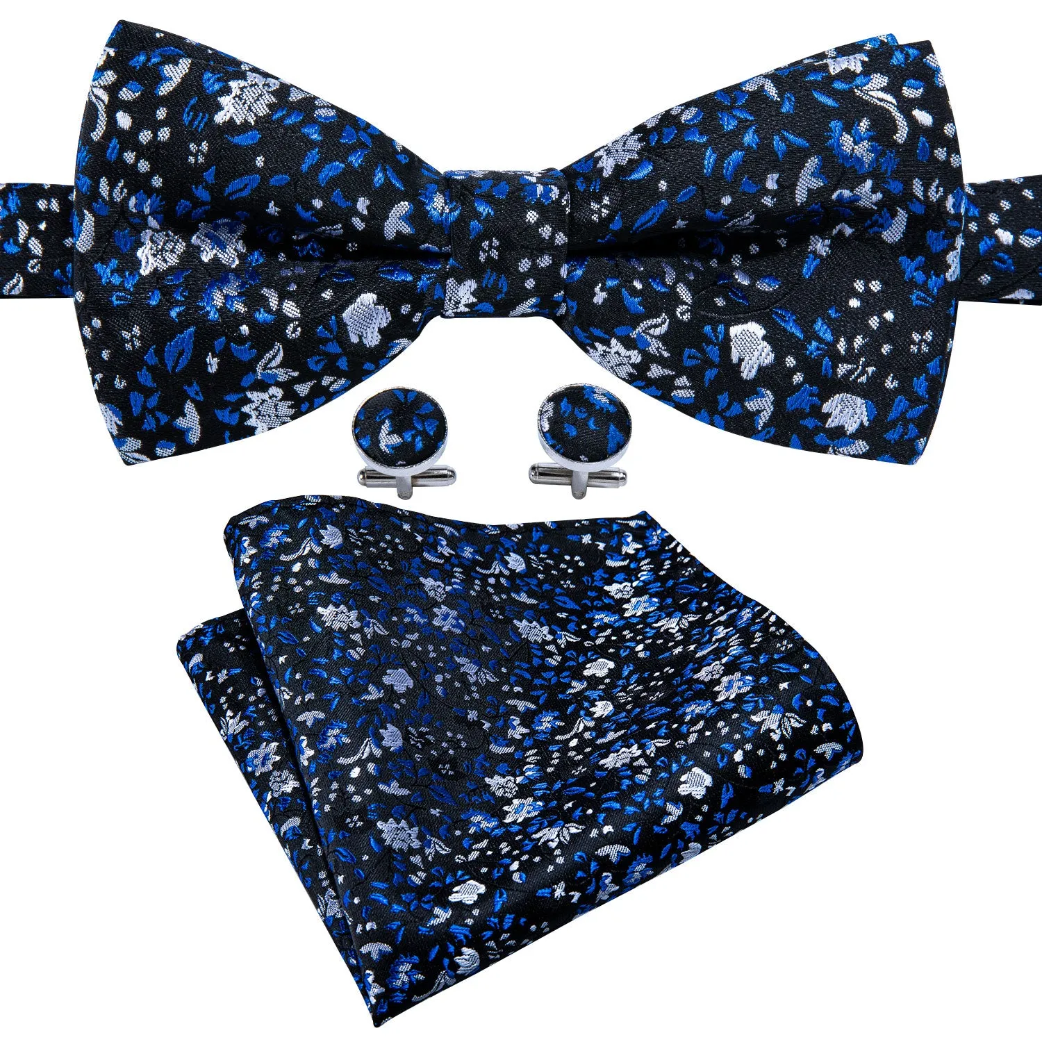 Black Blue Floral Pre-tied Bow Tie Hanky Cufflinks Set sold by Ties2You product image thumbnail 2