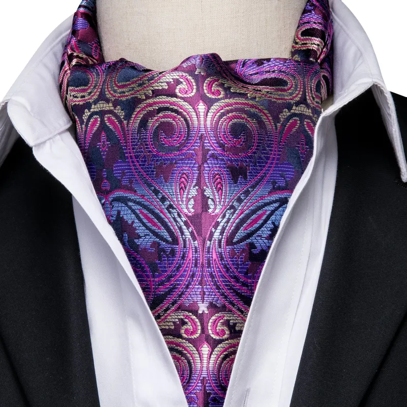 Silver Purple Black Paisley Silk Ascot Cravat Pocket Square Cufflinks Set made by Ties2You