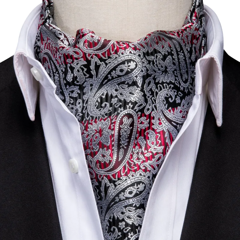 Silver Grey Black Paisley Silk Ascot Cravat Pocket Square Cufflinks Set sold by Ties2You