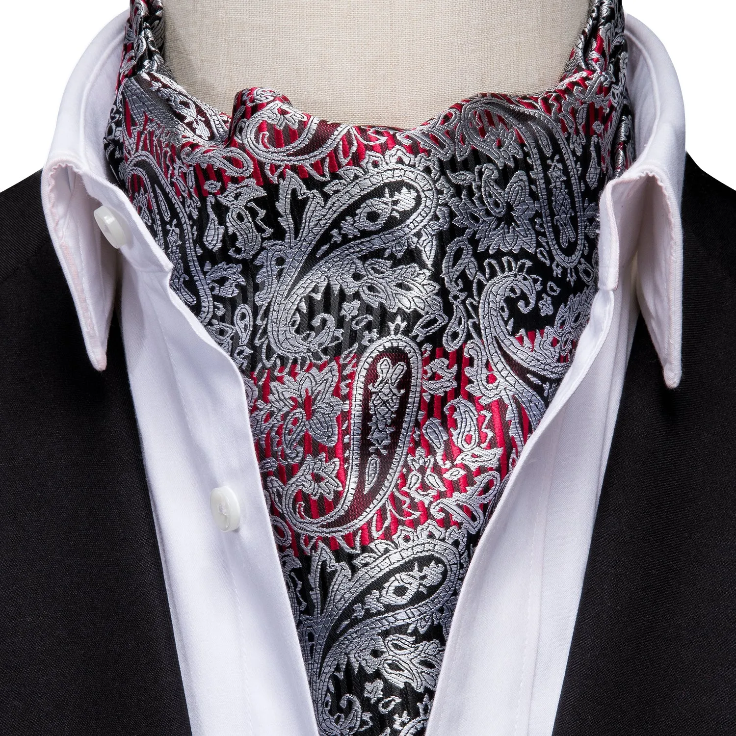Silver Grey Black Paisley Silk Ascot Cravat Pocket Square Cufflinks Set sold by Ties2You