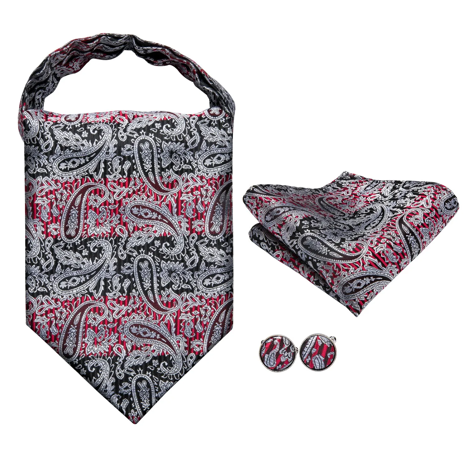 Silver Grey Black Paisley Silk Ascot Cravat Pocket Square Cufflinks Set sold by Ties2You product image thumbnail 2