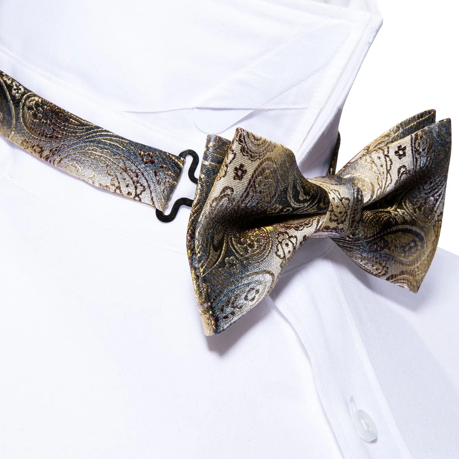 Golden Grey Paisley Pre-tied Bow Tie Hanky Cufflinks Set sold by Ties2You product image thumbnail 3