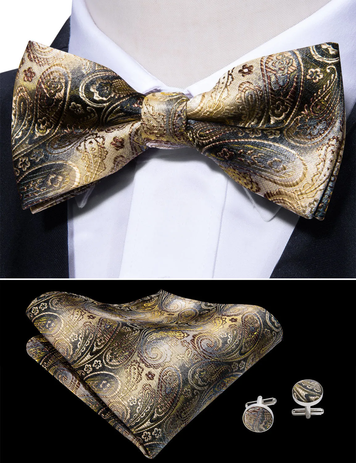 Golden Grey Paisley Pre-tied Bow Tie Hanky Cufflinks Set sold by Ties2You