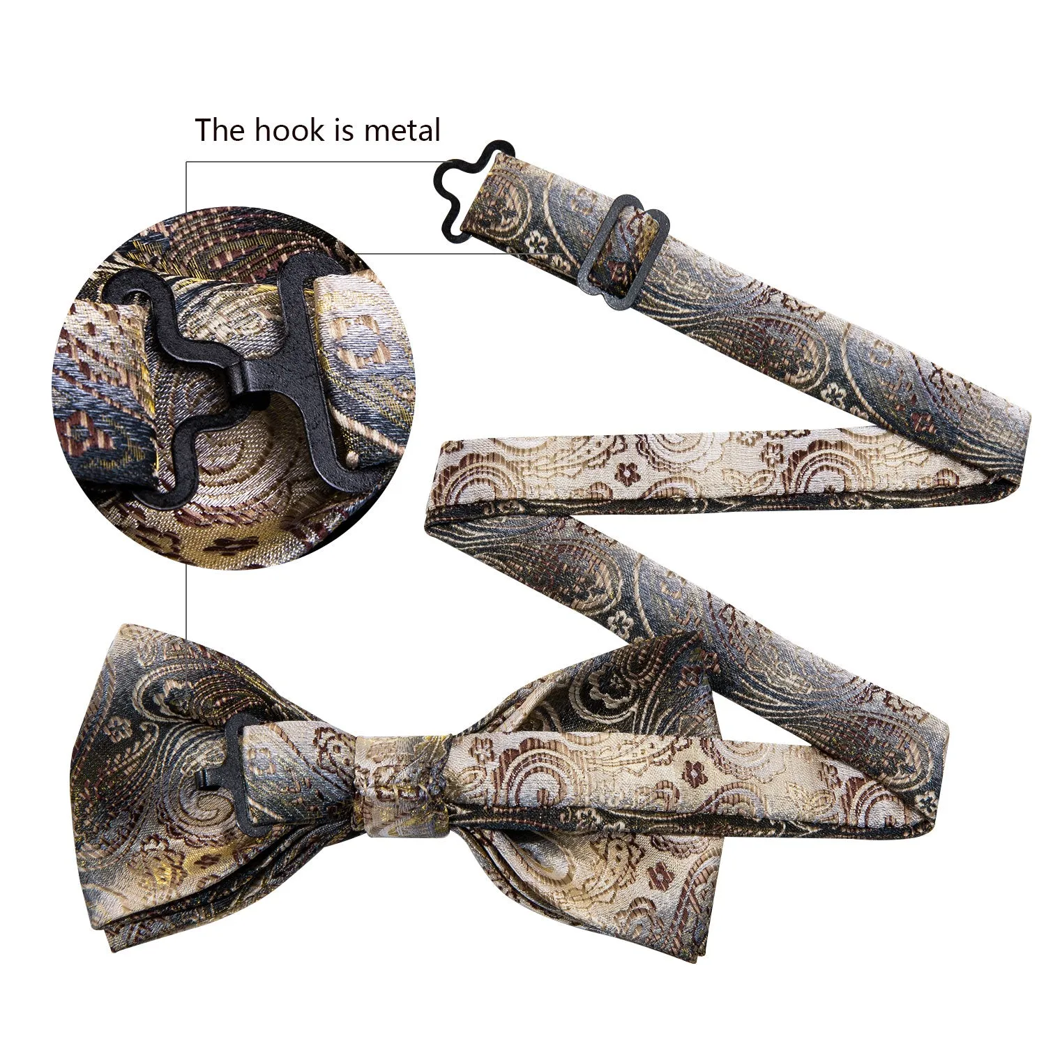 Golden Grey Paisley Pre-tied Bow Tie Hanky Cufflinks Set sold by Ties2You product image thumbnail 5