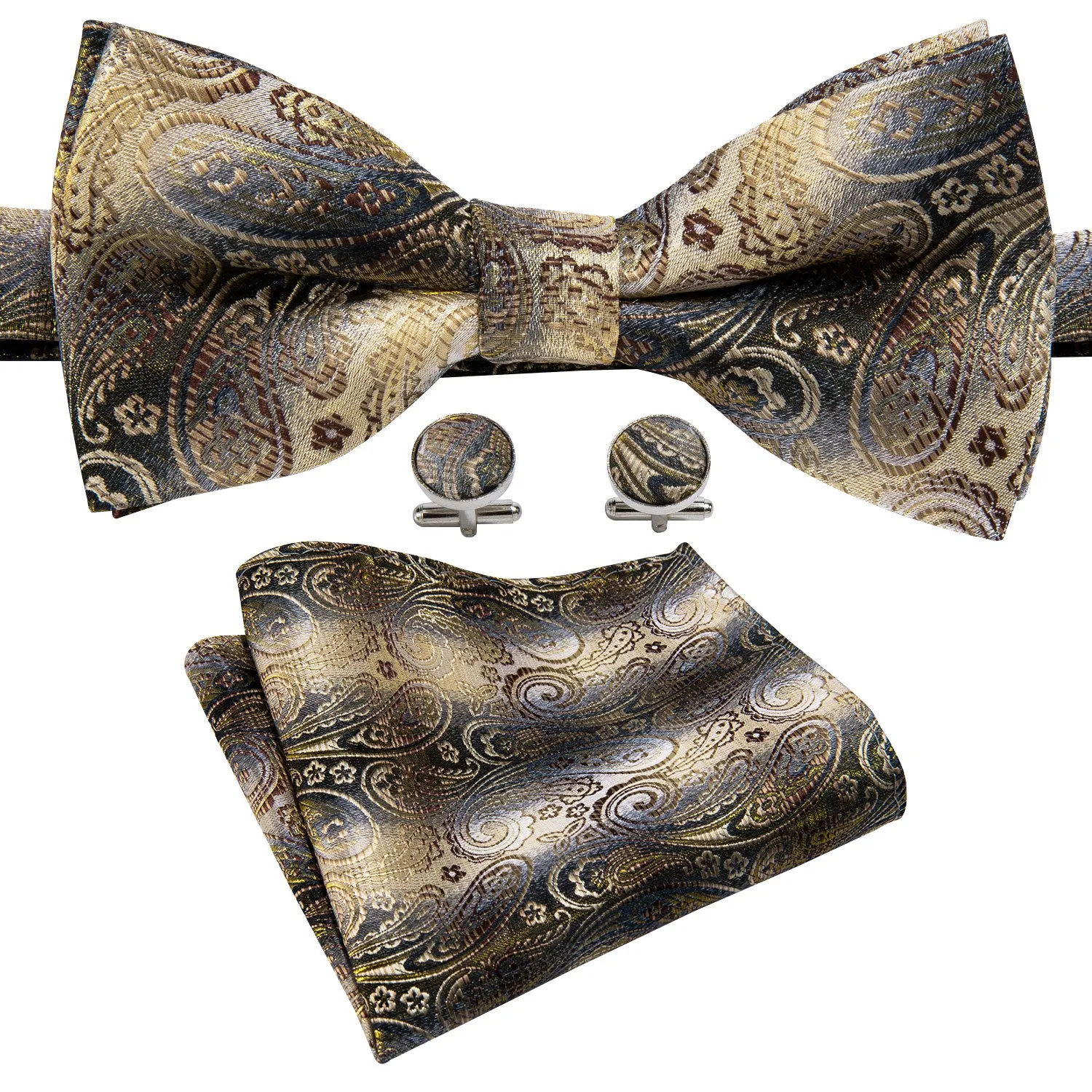 Golden Grey Paisley Pre-tied Bow Tie Hanky Cufflinks Set sold by Ties2You product image thumbnail 2
