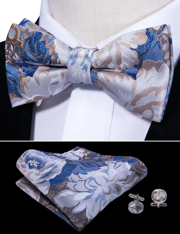 Blue White Champagne Floral Pre-tied Bow Tie Hanky Cufflinks Set sold by Ties2You
