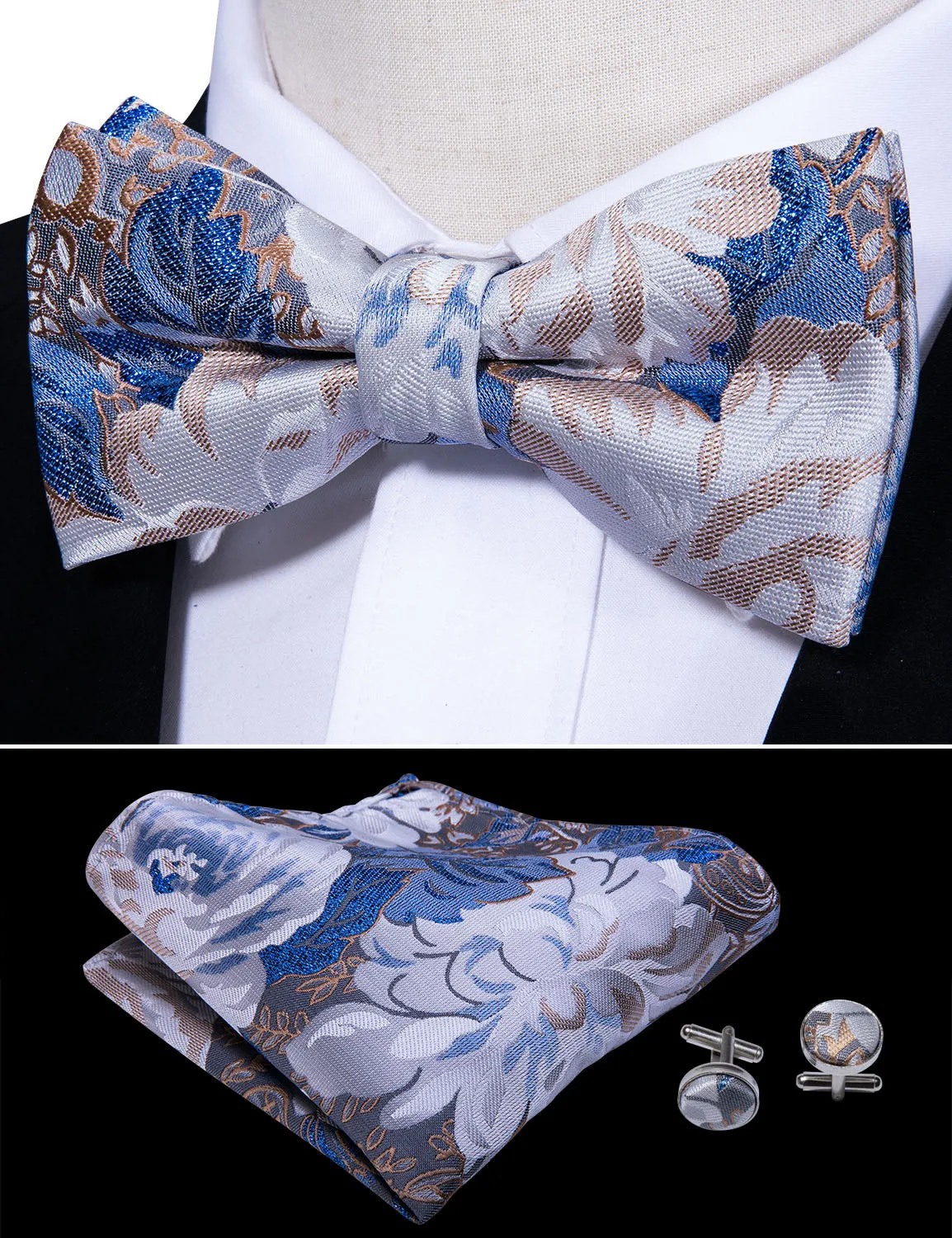 Blue White Champagne Floral Pre-tied Bow Tie Hanky Cufflinks Set sold by Ties2You