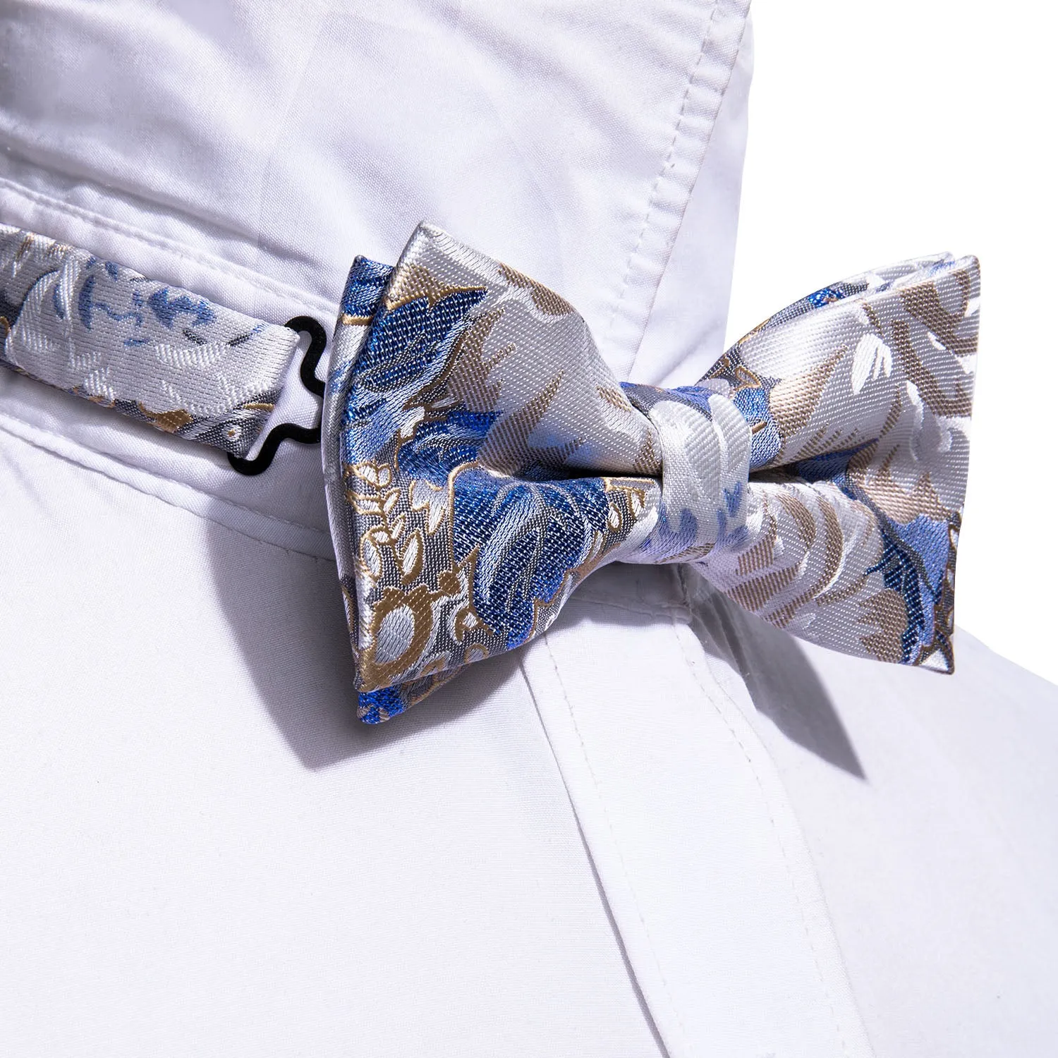 Blue White Champagne Floral Pre-tied Bow Tie Hanky Cufflinks Set sold by Ties2You product image thumbnail 2