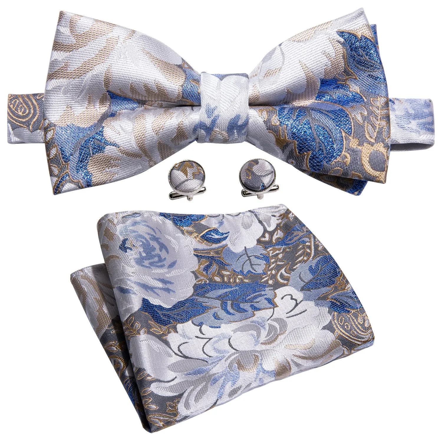 Blue White Champagne Floral Pre-tied Bow Tie Hanky Cufflinks Set sold by Ties2You product image thumbnail 3