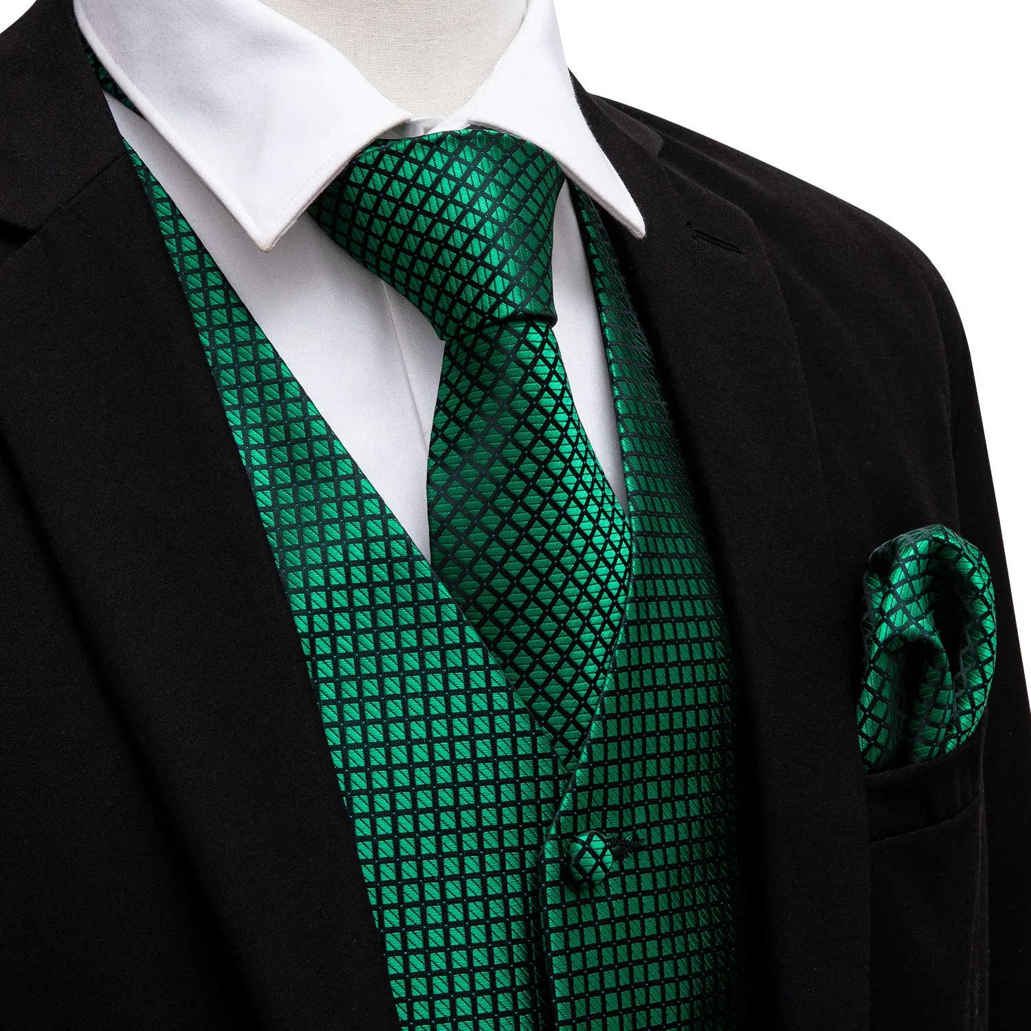 Black Green Plaid Jacquard Silk Men's Vest Hanky Cufflinks Tie Set sold by Ties2You