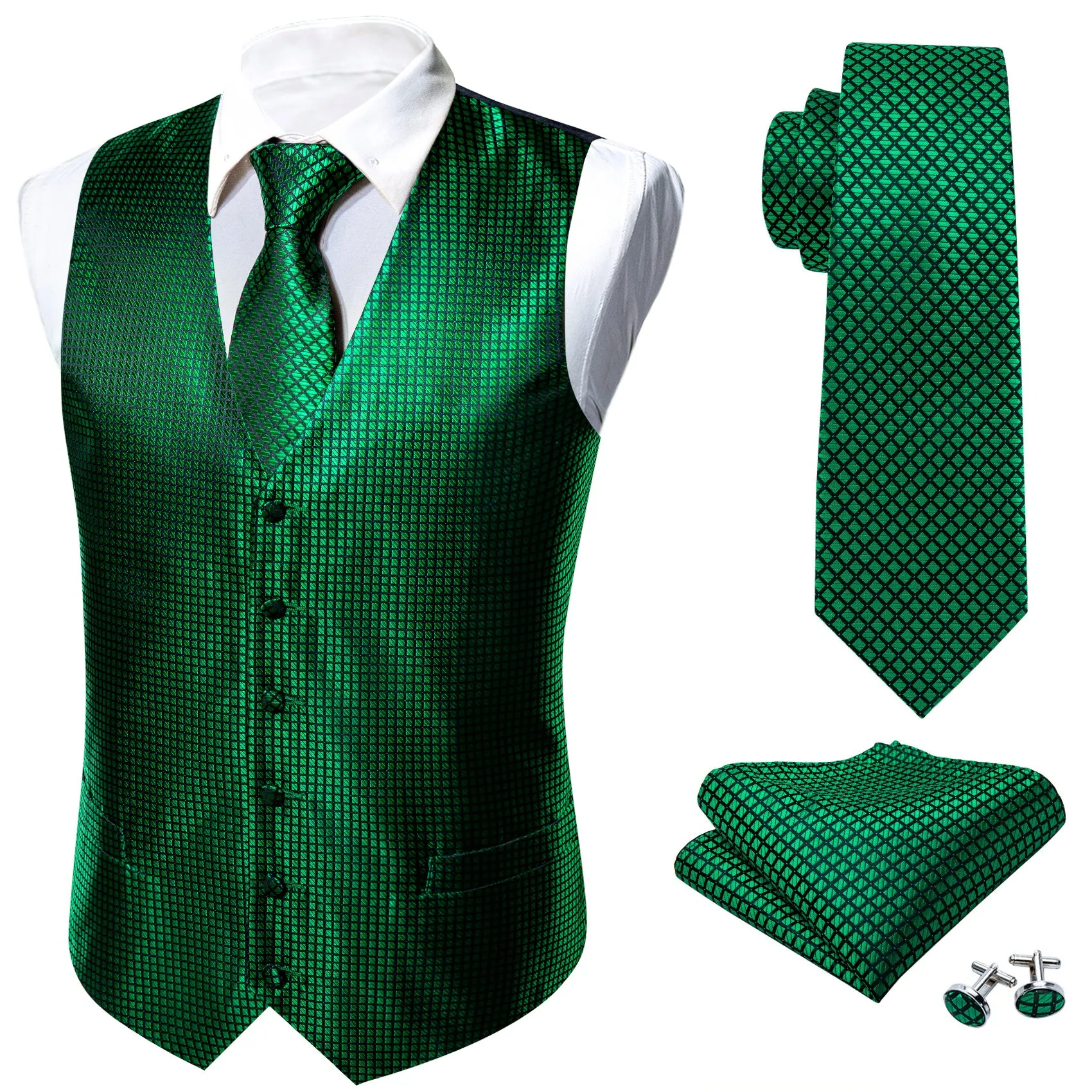 Black Green Plaid Jacquard Silk Men's Vest Hanky Cufflinks Tie Set sold by Ties2You product image thumbnail 2