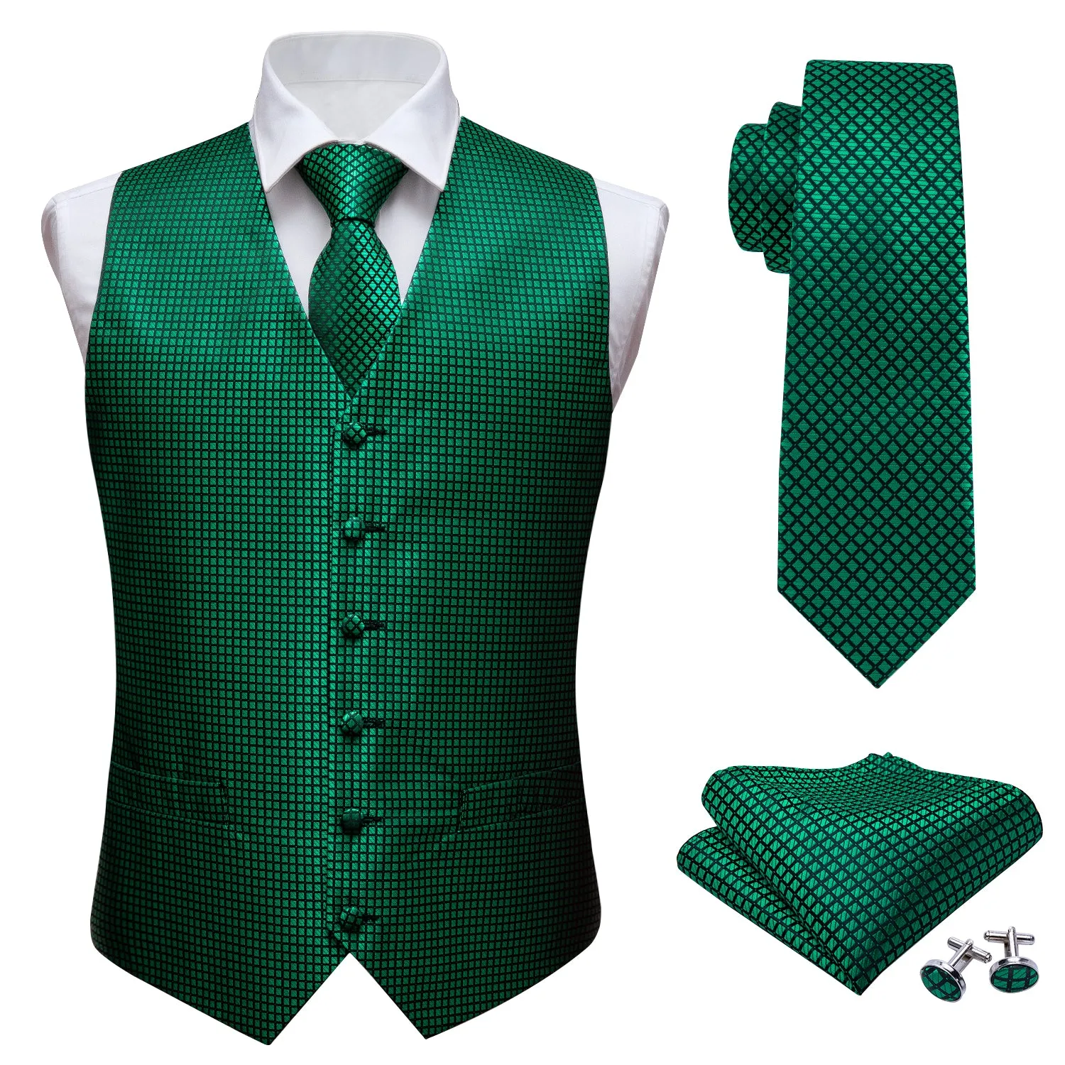 Black Green Plaid Jacquard Silk Men's Vest Hanky Cufflinks Tie Set sold by Ties2You product image thumbnail 5