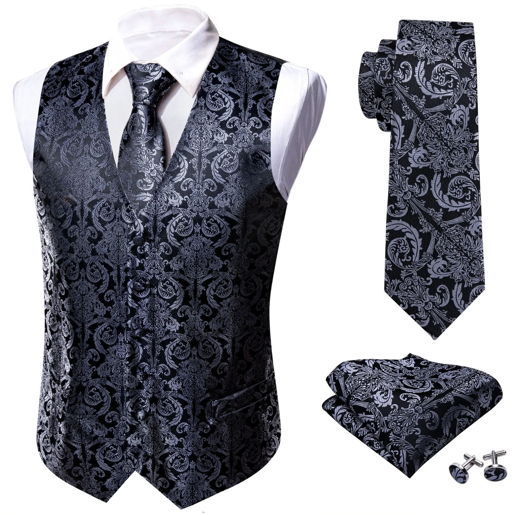 Silver Black Floral Jacquard Silk Men's Vest Hanky Cufflinks Tie Set sold by Ties2You product image thumbnail 4