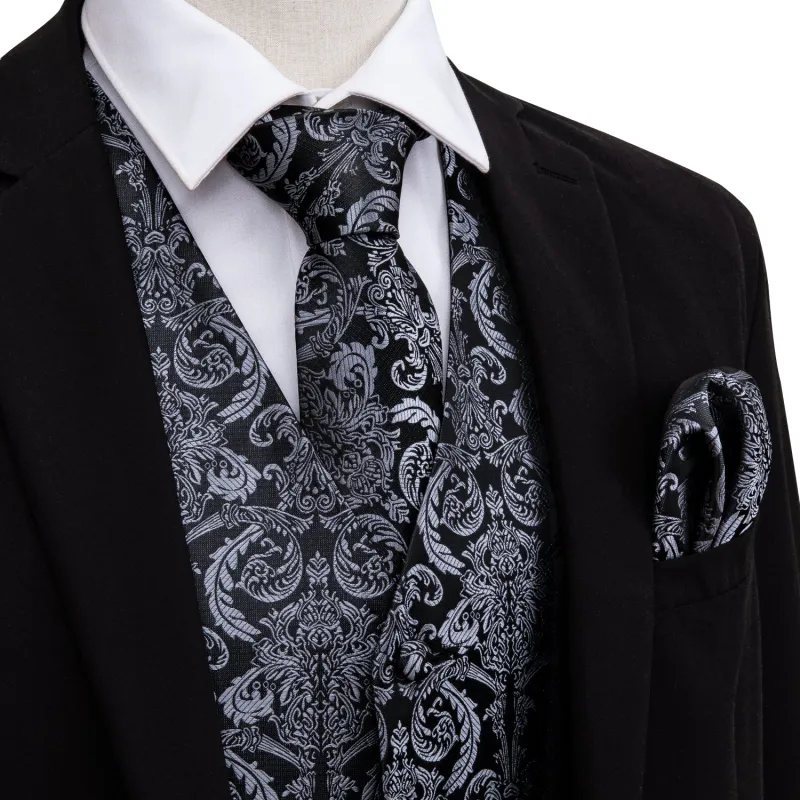 Silver Black Floral Jacquard Silk Men's Vest Hanky Cufflinks Tie Set made by Ties2You