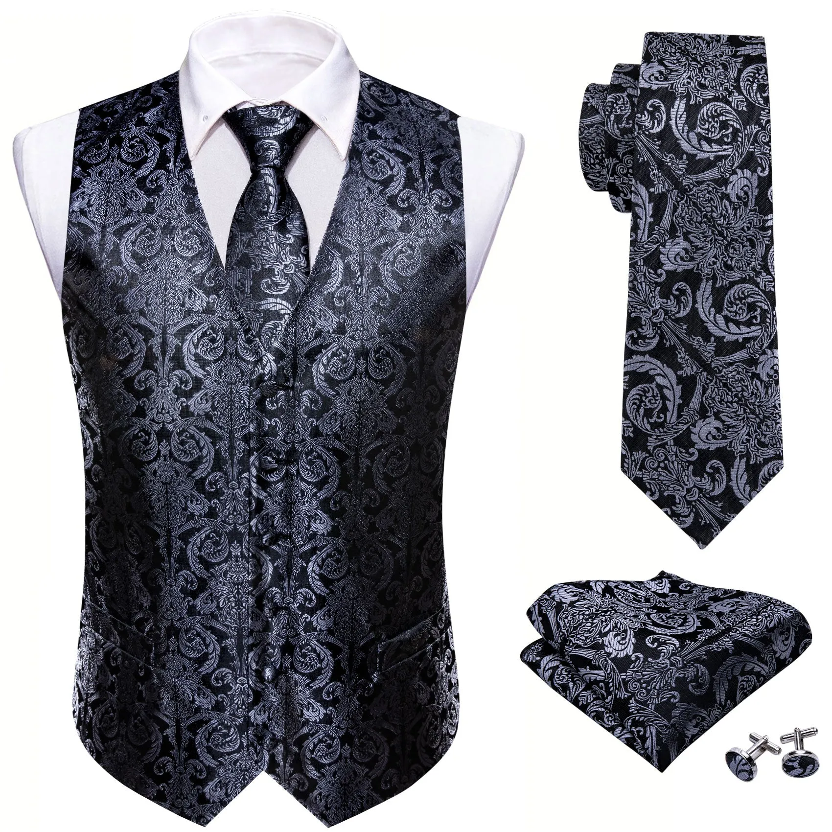 Silver Black Floral Jacquard Silk Men's Vest Hanky Cufflinks Tie Set sold by Ties2You product image thumbnail 2