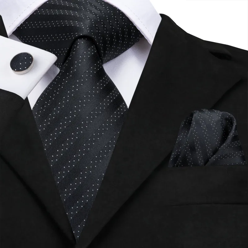 Black Polka Dot Striped Mens's Tie Pocket Square Cufflinks Set sold by Ties2You