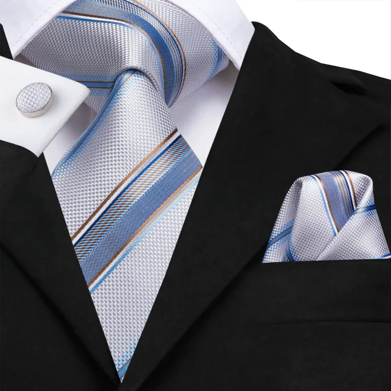 White Light Blue Striped Mens's Tie Pocket Square Cufflinks Set sold by Ties2You