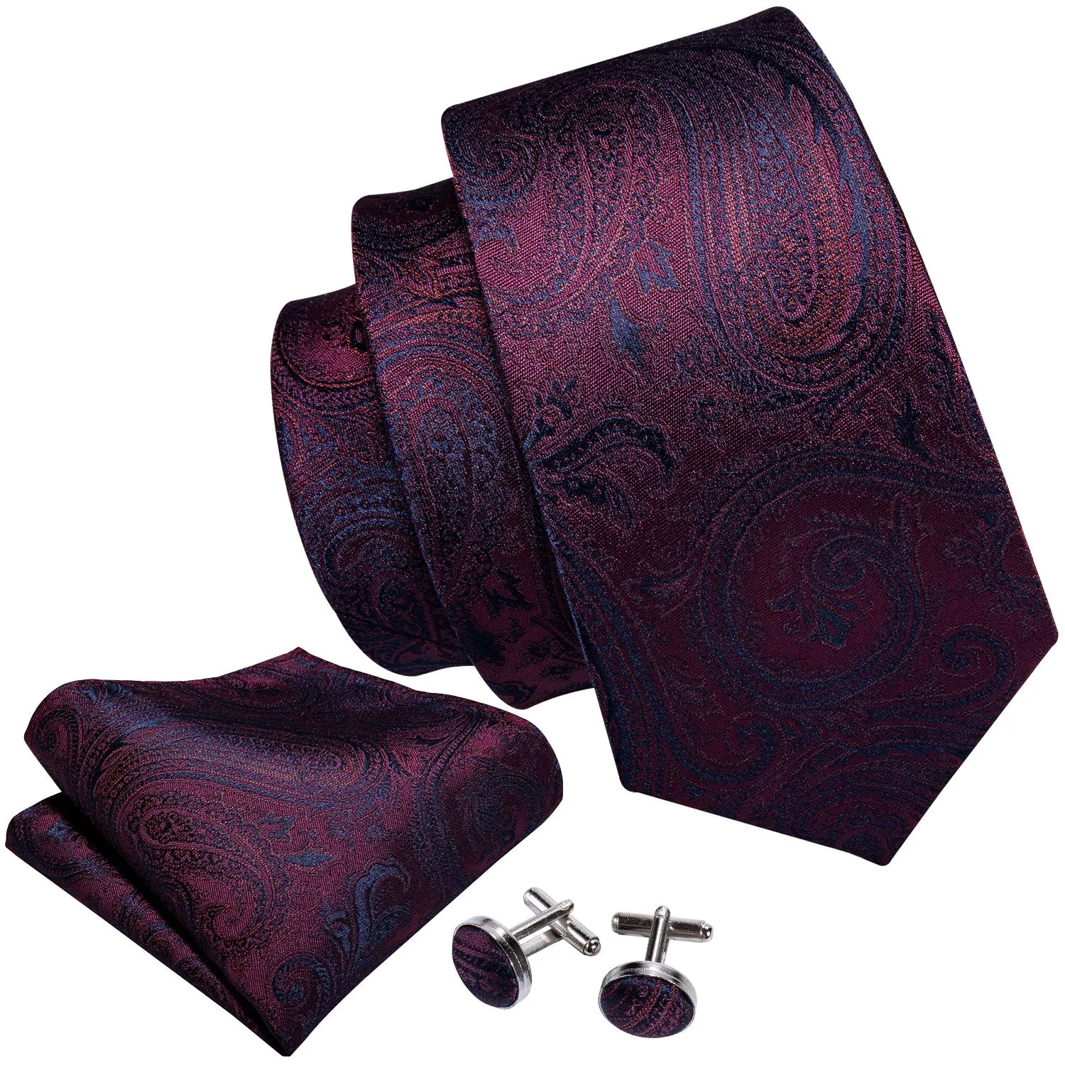 Ties2you Wedding Necktie Plum Purple Red Paisley Men's Silk Tie Hanky Cufflinks Set sold by Ties2You product image thumbnail 2