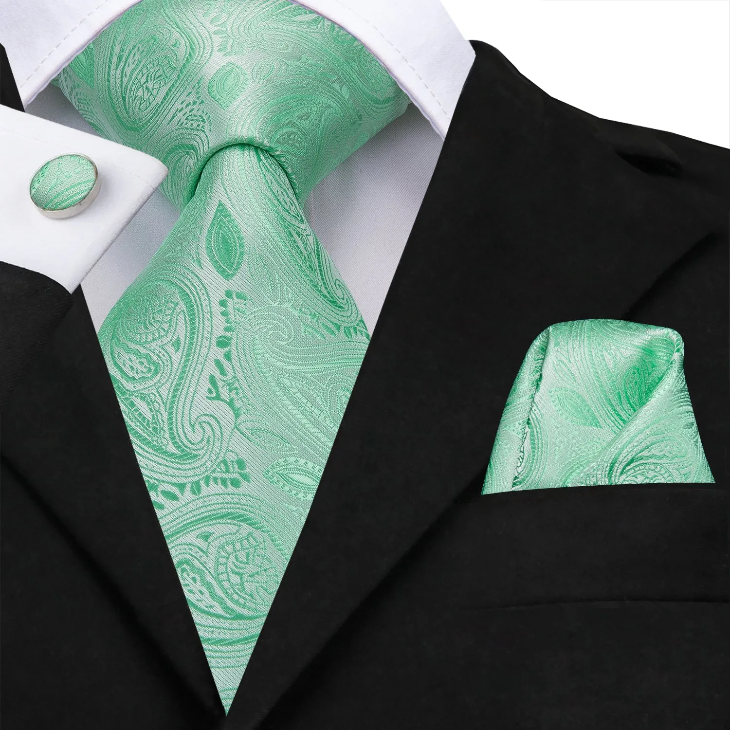 Light Green Paisley Men's Necktie Pocket Square Cufflinks Set sold by Ties2You