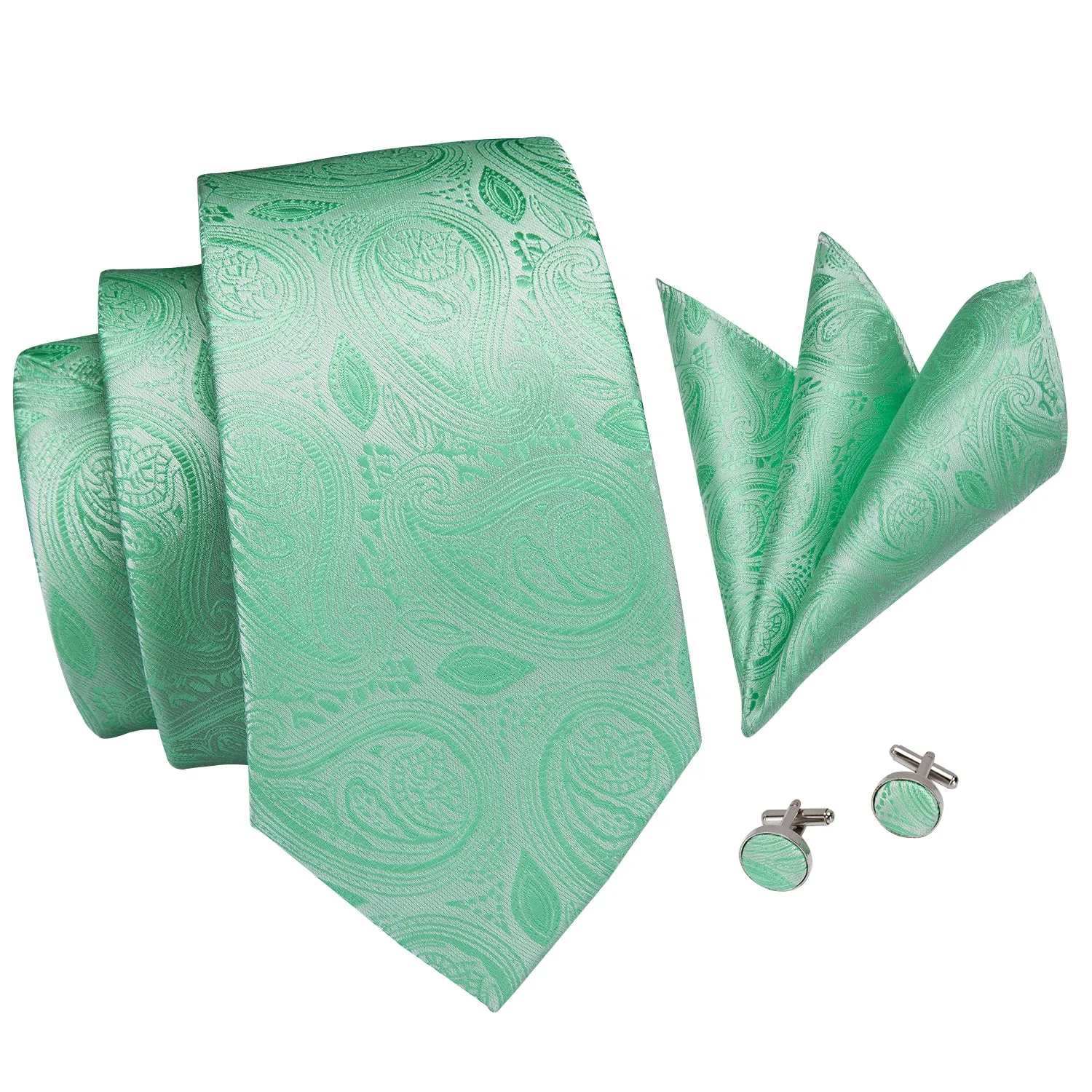 Light Green Paisley Men's Necktie Pocket Square Cufflinks Set sold by Ties2You product image thumbnail 4