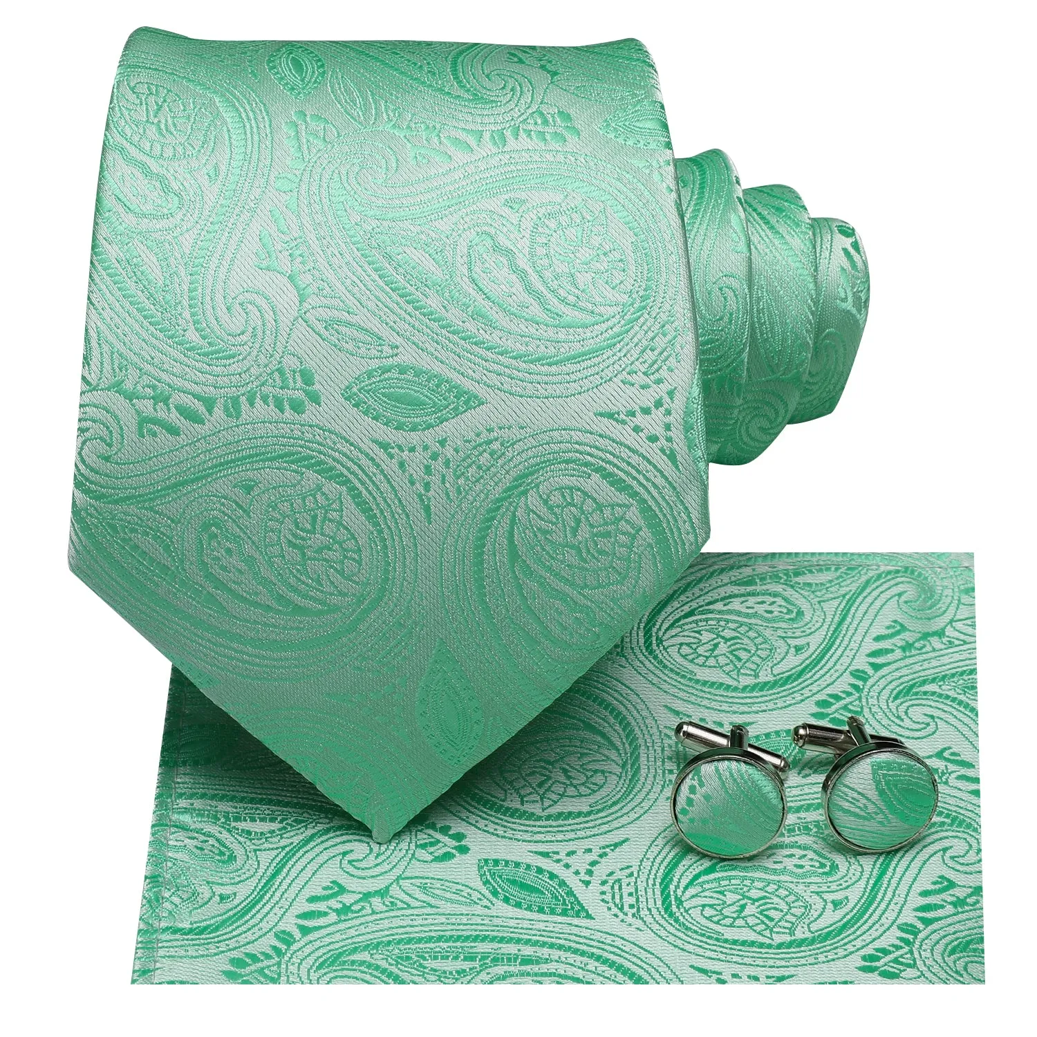 Light Green Paisley Men's Necktie Pocket Square Cufflinks Set sold by Ties2You product image thumbnail 3