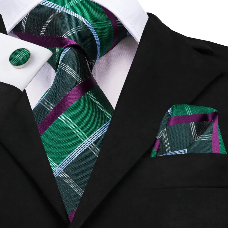 Green Purple Plaid Men's Necktie Pocket Square Cufflinks Set made by Ties2You