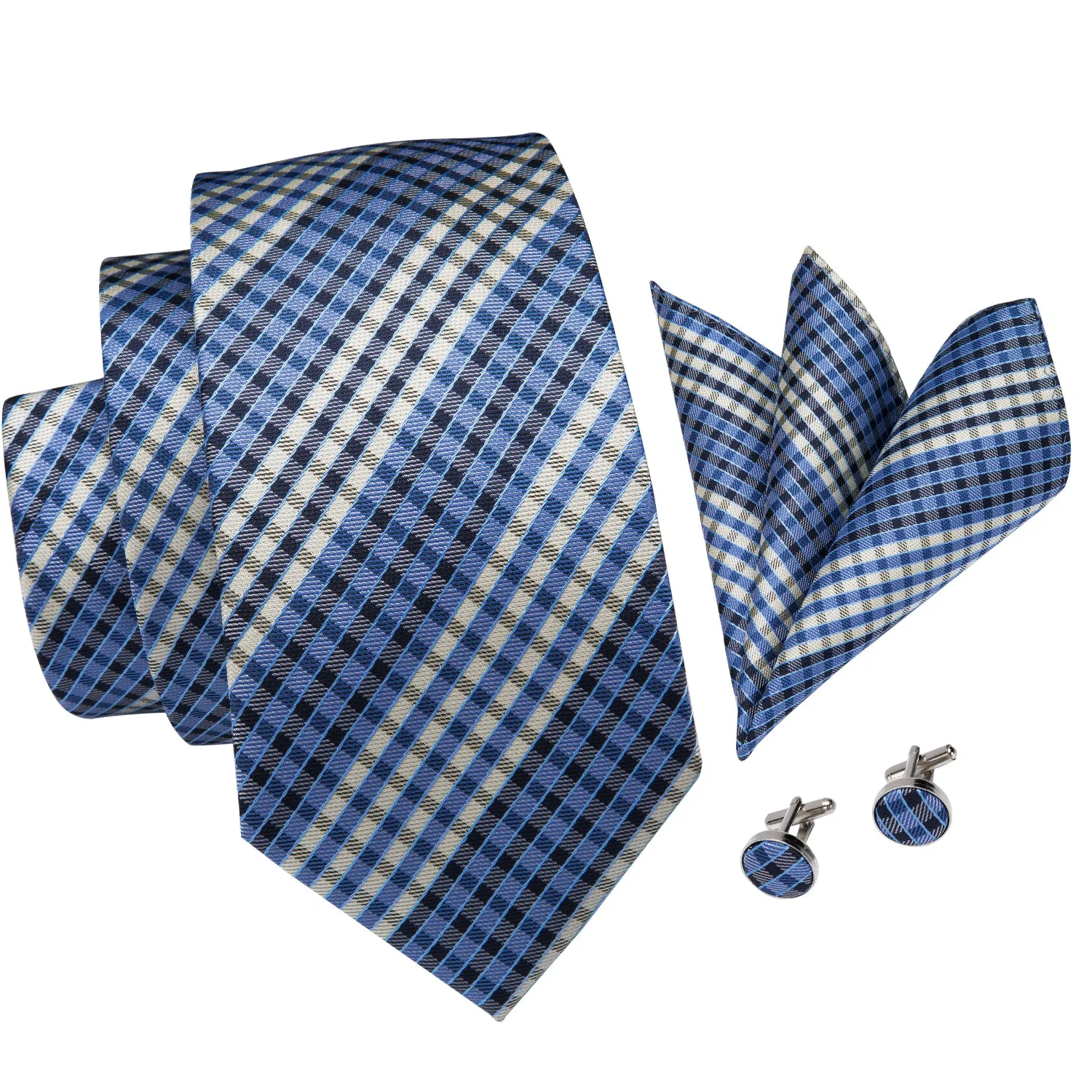 Blue Beige Plaid Men's Necktie Pocket Square Cufflinks Set sold by Ties2You product image thumbnail 4