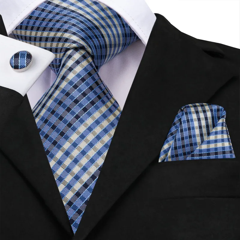 Blue Beige Plaid Men's Necktie Pocket Square Cufflinks Set sold by Ties2You