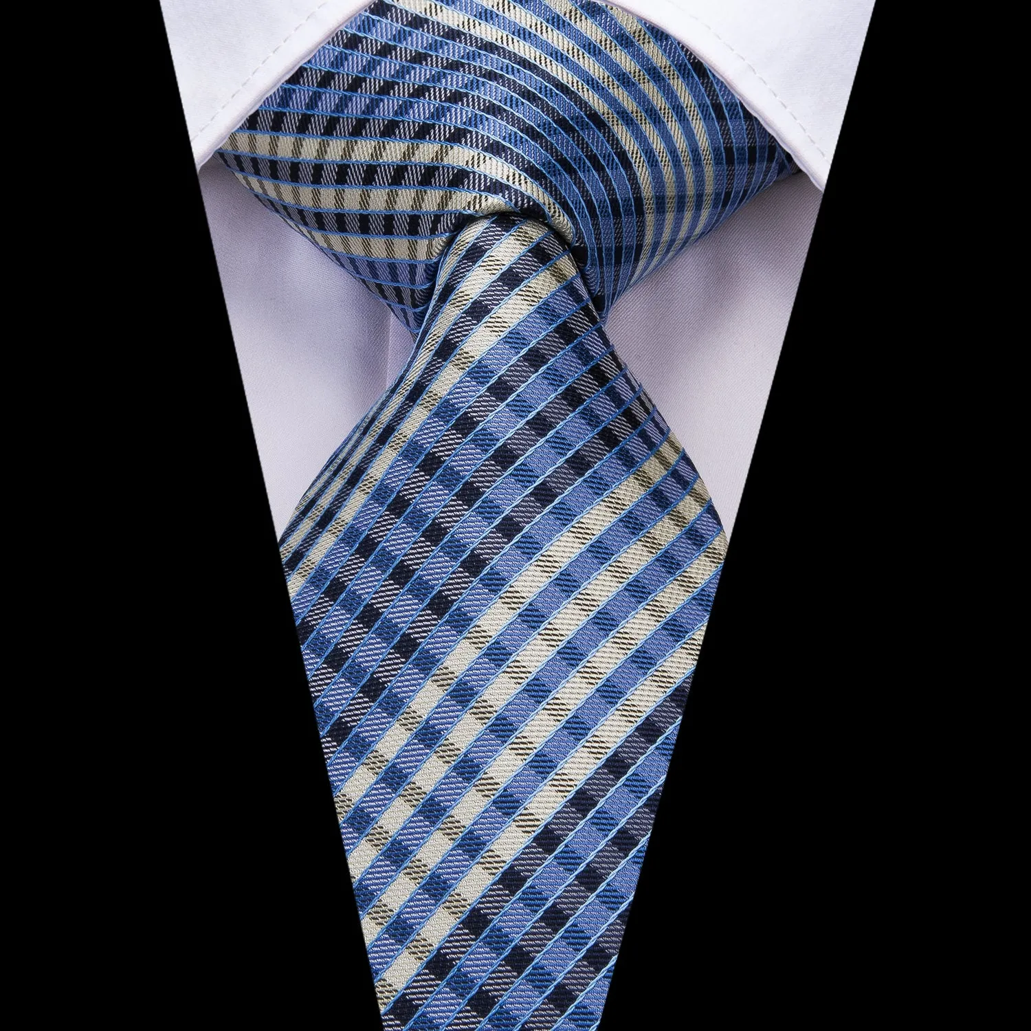 Blue Beige Plaid Men's Necktie Pocket Square Cufflinks Set sold by Ties2You product image thumbnail 2
