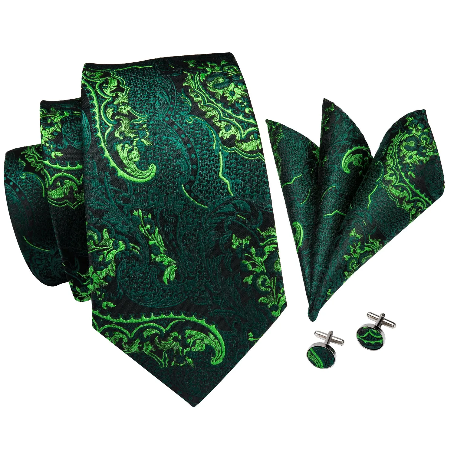 Green Paisley Men's Necktie Pocket Square Cufflinks Set sold by Ties2You product image thumbnail 3