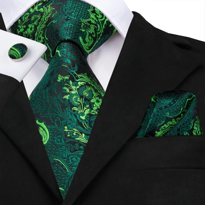 Green Paisley Men's Necktie Pocket Square Cufflinks Set sold by Ties2You