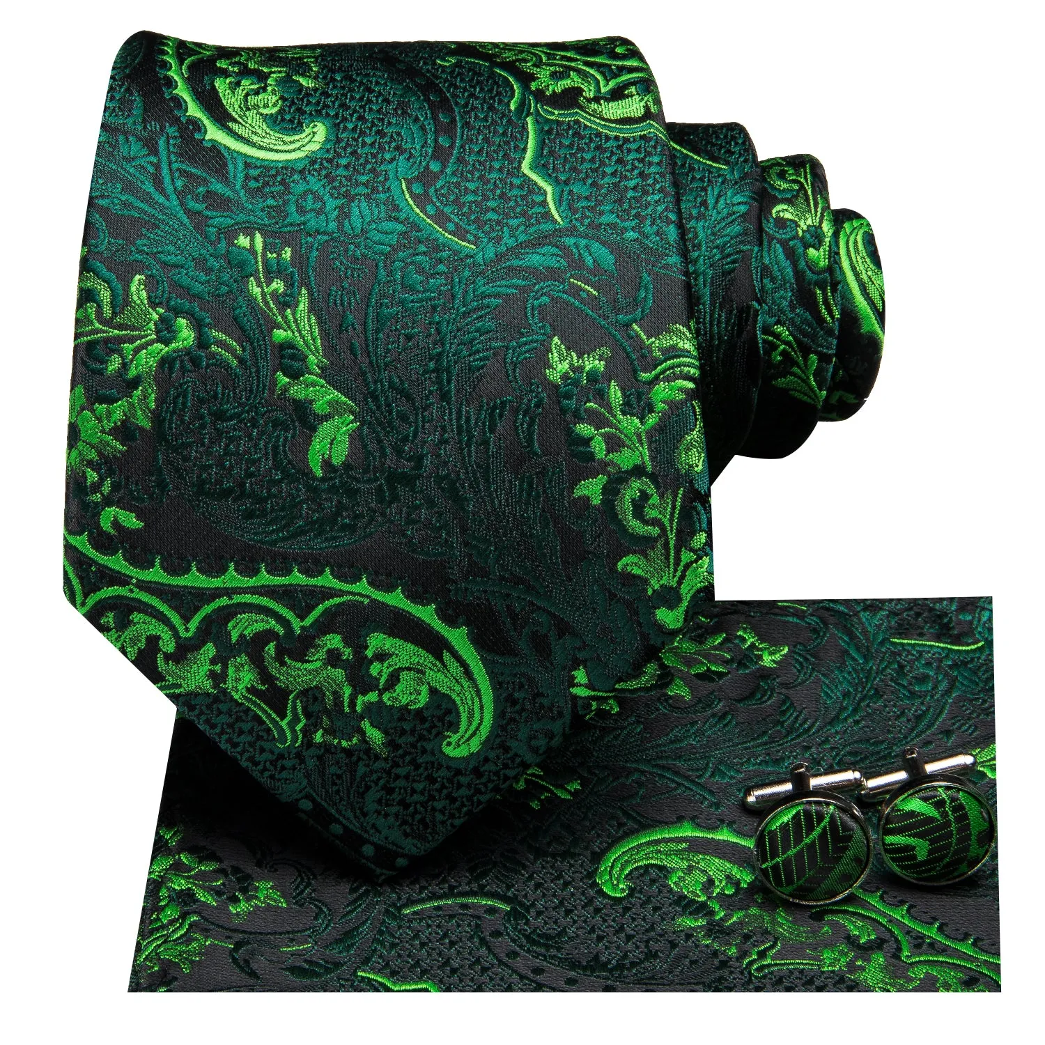 Green Paisley Men's Necktie Pocket Square Cufflinks Set sold by Ties2You product image thumbnail 4